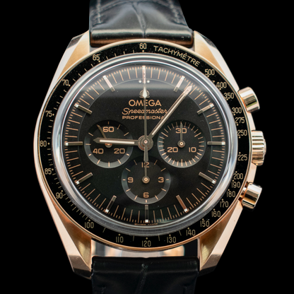 (#050 C-Tier) Speedmaster Moonwatch Professional 42mm, Sedna Gold on Leather Strap Model 310.63.42.50.01.001 |With Cards