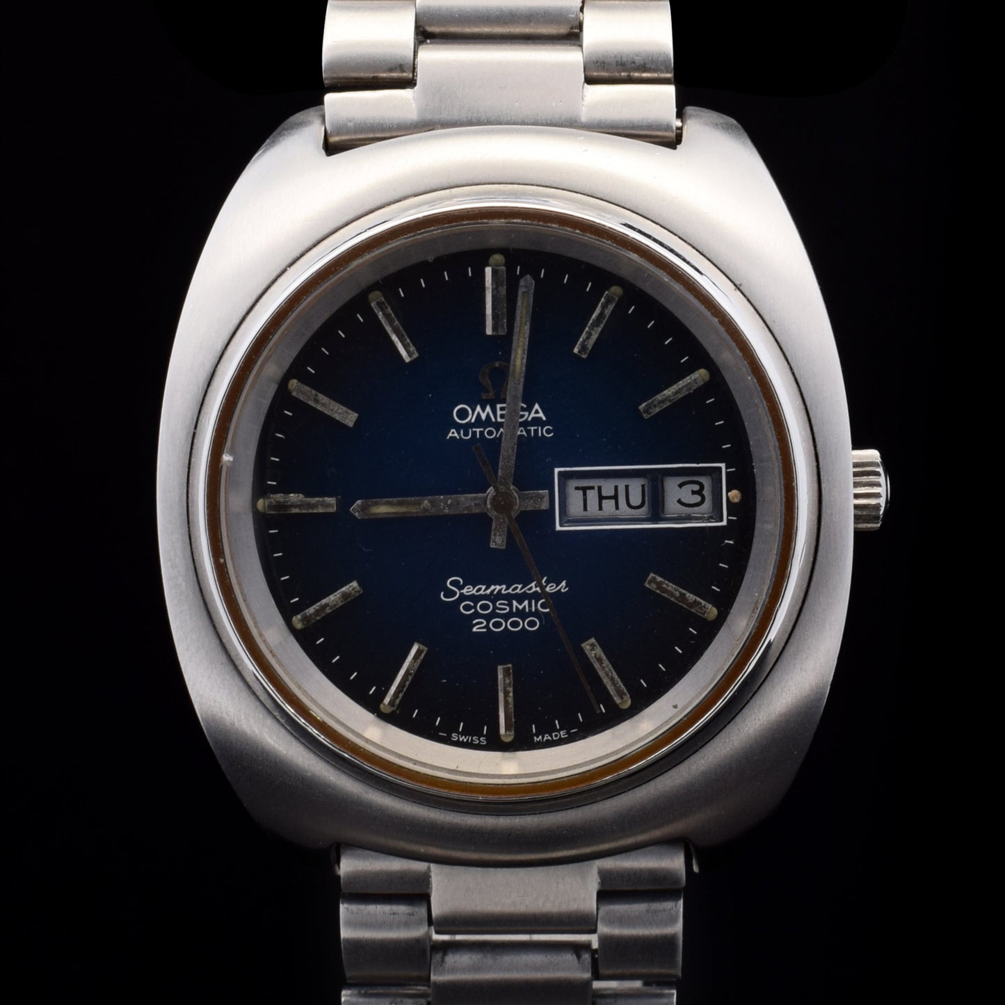 (#058 C-Tier) Omega Seamaster Cosmic 2000 39MM Blue "Spider" Dial Steel Bracelet Model 166.133