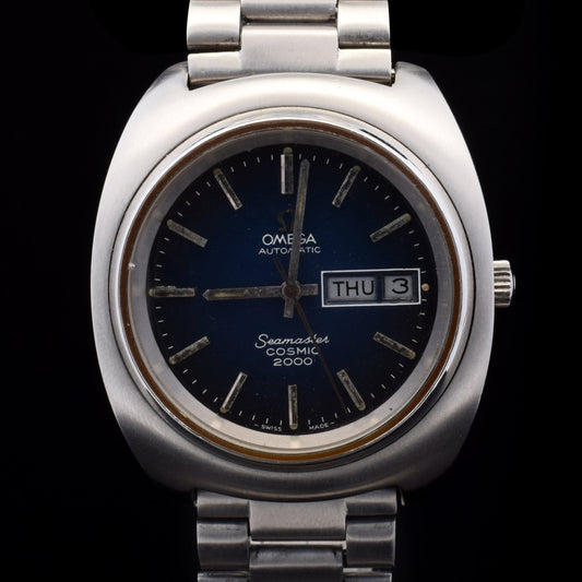 (#058 C-Tier) Omega Seamaster Cosmic 2000 39MM Blue "Spider" Dial Steel Bracelet Model 166.133